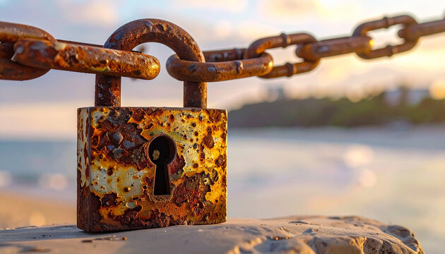 Rusty Padlock and Chain by the Water