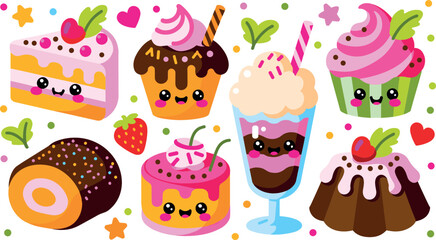 Fototapeta premium Kawaii Sweet Dessert Icon Set with Cute Cartoon Food Characters Including Cupcakes Cake Slices Milkshake and Bundt Cake for Bakery Branding Stickers and Vector Graphics