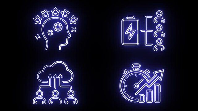 Neon icon set 4K loop animations on black background. Expert mind, resource sharing, cloud network and time optimization.