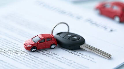 Obraz premium Close up of car key and miniature red car on top of legal document, symbolizing auto ownership and insurance