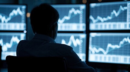 Fototapeta premium Financial Analyst Monitoring Stock Market Performance Data on Multiple Computer Screens in Dark Room