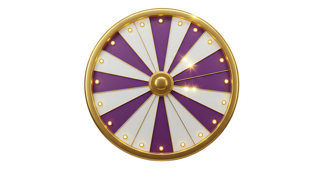 3d icon of a spinning wheel of fortune with purple and white segments, isolated on transparent background