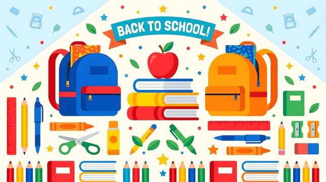 Back to school banner with colorful backpacks and stationery, educational supplies and books background, primary school learning concept