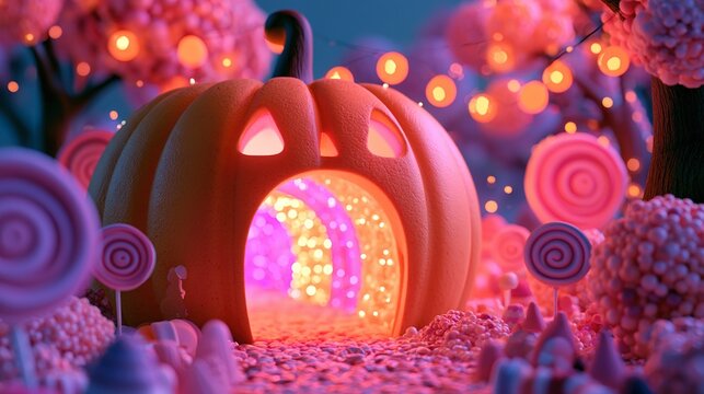 magical portal shaped like giant pumpkin lantern leading to candy world, glowing neon lights, evening calm pervades area