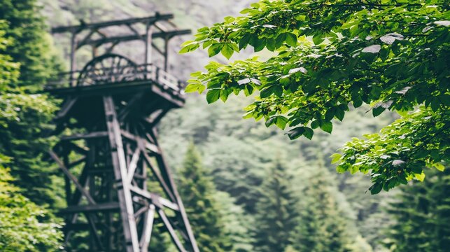 Abandoned historic mining headframe structure overgrown with lush green forest foliage in a remote mountainous landscape