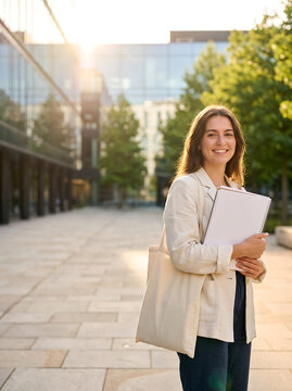 Smiling Female College Student Holding Notebooks on Modern University Campus
