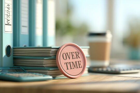 Overtime stamp on stack of binders and papers with calculator and coffee cup on desk