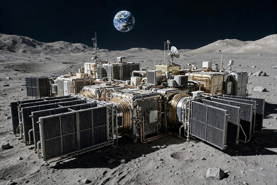 Modular Data Center Habitat On Lunar Moon Surface With Cooling Radiators Earth In Sky Sci Fi