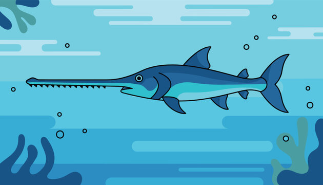 Large sawfish with a distinctive long serrated snout swims through a blue underwater environment filled with coral reefs.