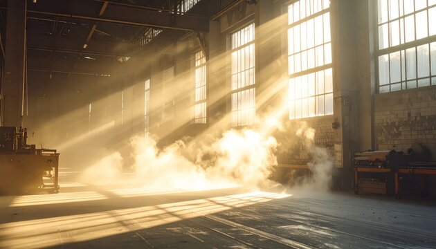 Dusty Industrial Warehouse with Dramatic Sun Rays and Smoke, Golden Hour Light