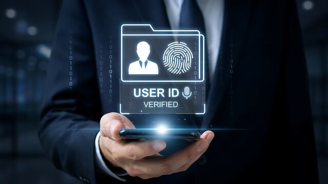 A businessman holds a smartphone displaying a digital interface with USER ID VERIFIED and a fingerprint icon, representing digital security and identity verification.