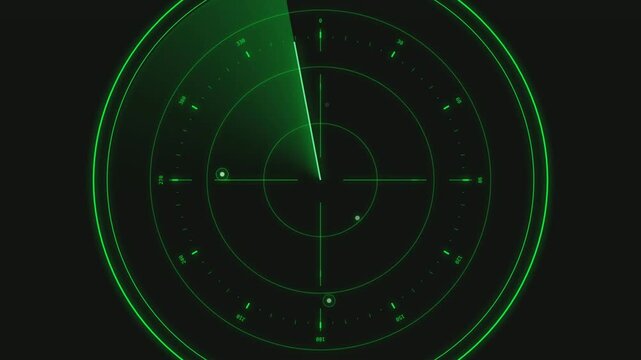 Green radar screen scanning interface with rotating light beam and target dots on dark background clip.