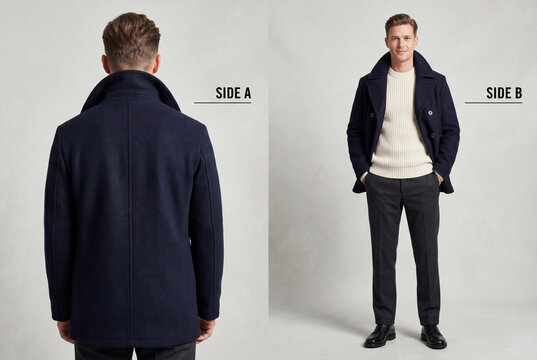 Fashion catalog composite showcasing front and back views of a handsome confident smiling male model wearing a classic navy blue winter peacoat in a studio.