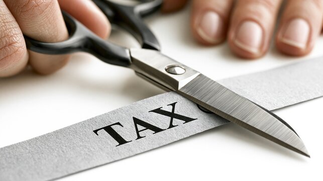 Scissors cutting the word TAX on a paper strip, symbolizing tax reduction or avoidance
