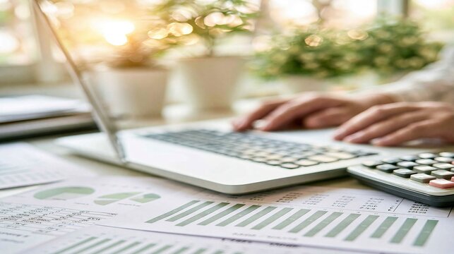 Accountant or financial analyst working on laptop with charts and calculator in soft sunlight
