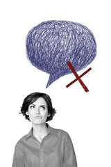 Fototapeta premium Composite trend artwork sketch collage of copyspace monochrome young lady pen ink draw speech cloud think grimace face cross mind
