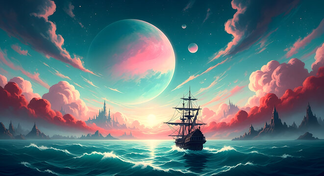 Fantastical voyage ship sailing surreal seascape pink clouds planet sky