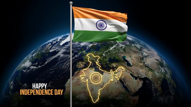 Happy independence day with India flag flying high above earth and glowing outline of Indian map on dark blue background.