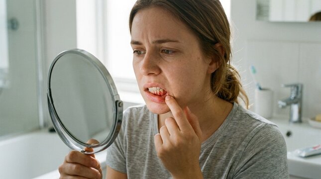 Woman examining painful mouth ulcer in mirror, Young caucasian woman looking into bathroom mirror while pointing to a mouth ulcer inside her lip, bright bathroom, natural daylight, realistic healthcar