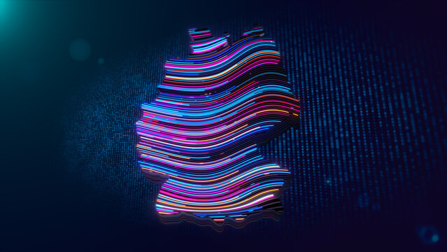 Abstract 3D extruded map of Germany featuring colorful neon wavy lines, glowing particles, digital grid, depth of field, and futuristic technology background.