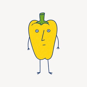A whimsical hand-drawn illustration of a yellow bell pepper character with a funny face, perfect for food-themed designs and playful decorations.