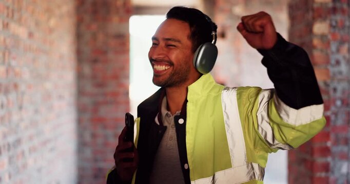Phone, dance or construction worker on site with headphones, rhythm and fun groove with project break. Happy, Asian man or engineer with technology, feel good and work pause with upbeat movement.