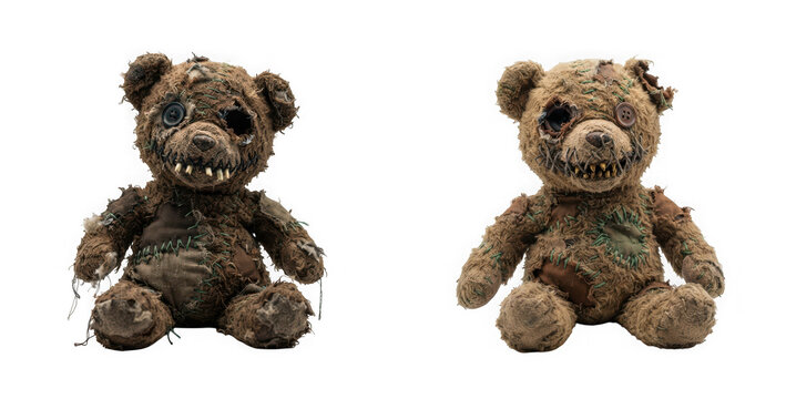 Two creepy, tattered teddy bears with sharp teeth and button eyes isolated on transparent background