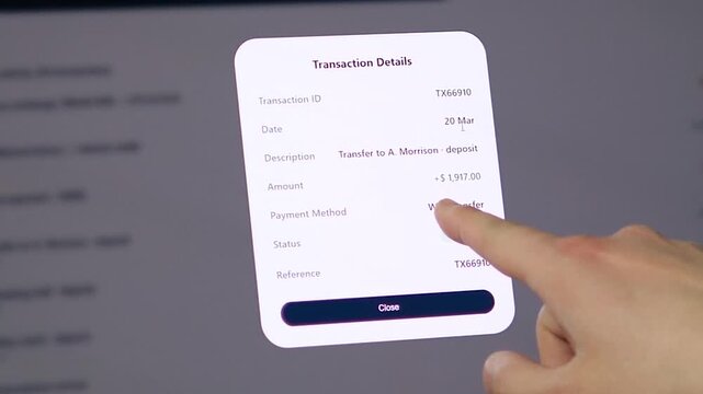 Detailed transaction receipt for a successful wire transfer deposit. User reviews the ID, date, and amount before dismissing the modal.