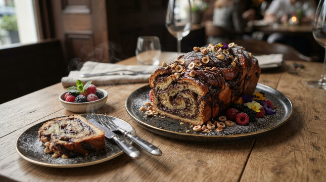 Chocolate babka loaf with hazelnuts and berries on a wooden table. Sliced sweet yeast bread with chocolate swirl in a restaurant setting