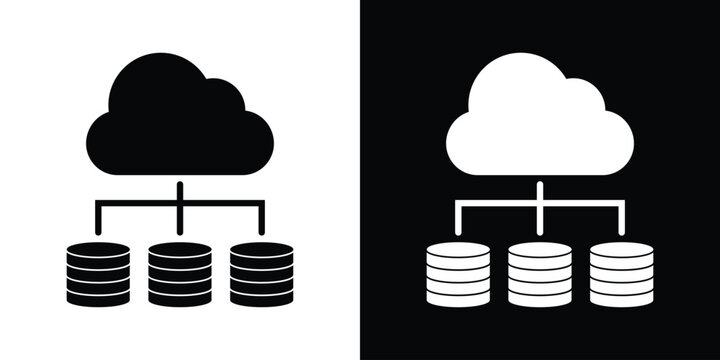 Cloud icon connected to multiple database stacks, representing cloud-based storage, remote server synchronization, big data hosting, and digital infrastructure vector icon.