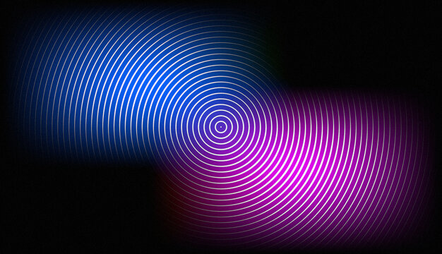 Abstract neon circles background. Glowing blue and purple light waves on black.