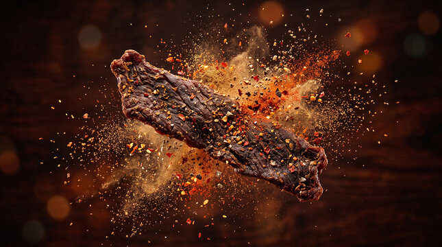 a strip of seasoned beef jerky suspended in mid-air surrounded by an exploding cloud of aromatic spices and chili flakes.