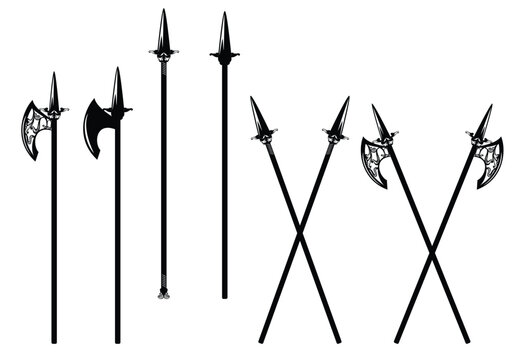 set of fantasy medieval style lances black and white vector outlines - crossed weapons and long spears design set