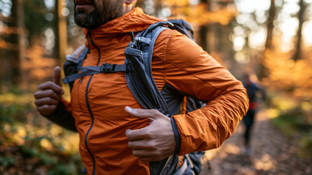 Close-up of a running backpack with hydration pack straps, worn by a runner on a forest trail, functional gear detail, autumn colors, with copy space