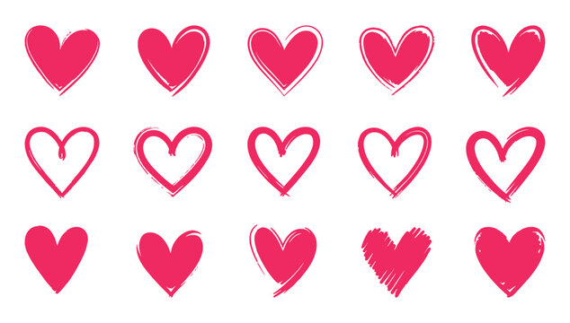 Collection of hand drawn pink heart icon graphic element for romantic design project on white background