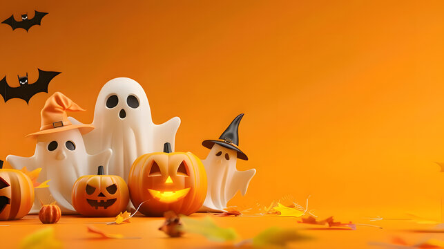 Cute Halloween Ghosts and Pumpkins on Orange Background with Bats and Autumn Leaves