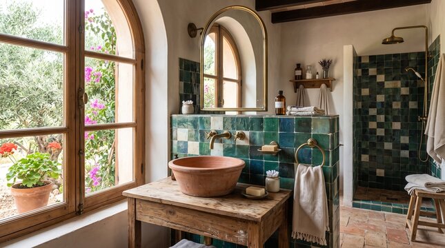 Mediterranean rustic bathroom featuring a handcrafted terracotta vessel sink set atop an antique wooden vanity with rich teal zellige tiling and a serene garden view through a classic arched window