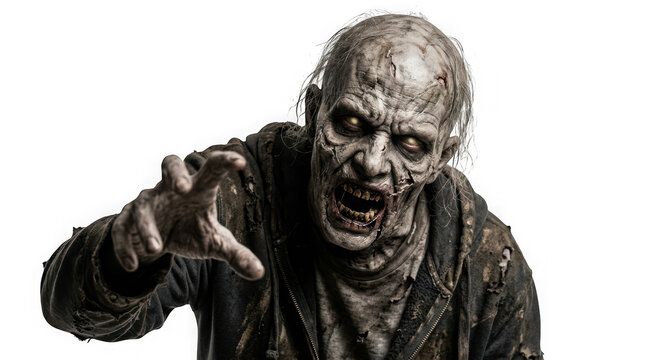 Terrifying bald zombie with glowing eyes reaching out isolated on transparent background