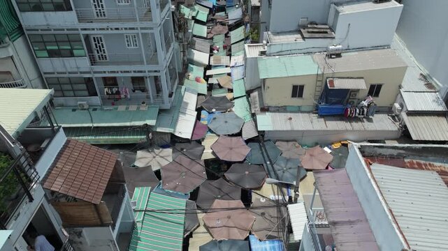 Aerial View of Dense Residential Alley on Nguyen Thien Thuat Street, Vietnam