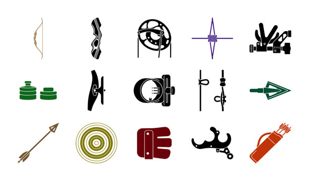Archery equipment icons set, professional bow and arrow accessories vector, 15 hunting and target shooting gear elements for sport design