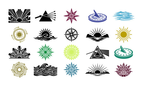 Vintage sun icons and celestial symbols set, 20 vector graphic elements of sundials and prisms, retro sunburst and compass rose collection for branding