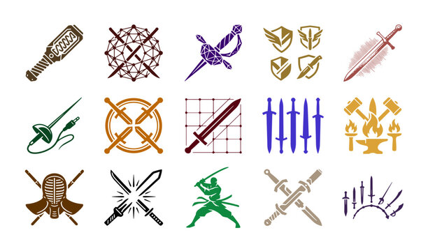 Medieval sword and weapon icons, set of 15 vector fantasy blade emblems, vintage martial arts and fencing equipment symbols for gaming and heraldry