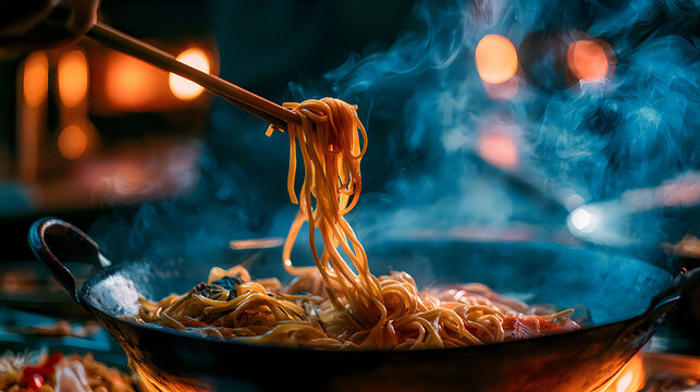 Stir fried noodles cooking in hot wok pan with culinary, preparing