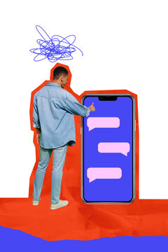 Vertical photo collage of happy american guy touch iphone screen device online app messenger email bubble isolated on painted background