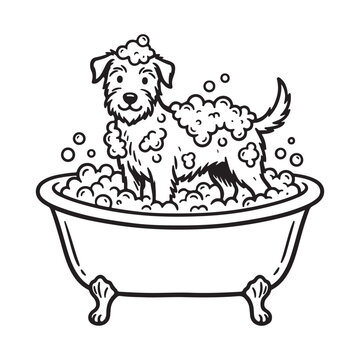 Cute cartoon dog taking a bubbly bath in a vintage tub