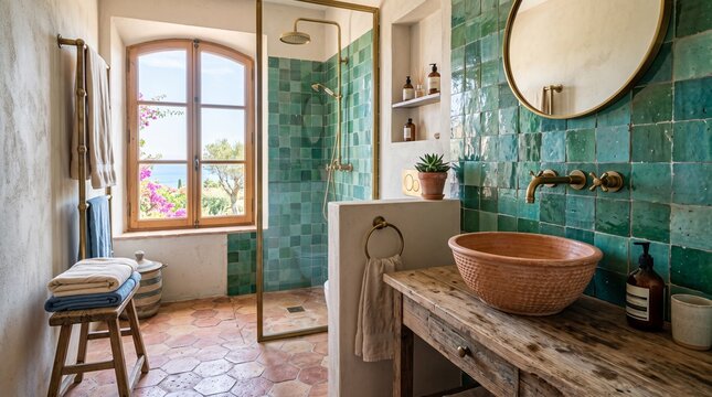 Luxurious Mediterranean bathroom interior featuring handcrafted turquoise zellige wall tiles, a rustic wooden vanity with a terracotta vessel sink, and a sunlit view of coastal garden scenery exterior