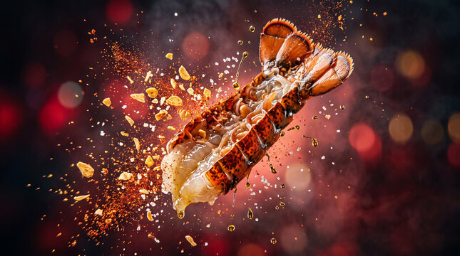 a dynamic action shot of a seasoned lobster tail mid-air, surrounded by exploding spices, garlic bits, and seasoning dust against a dark, moody background.