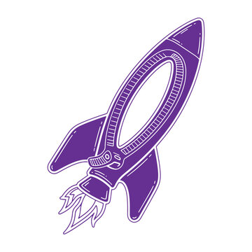 A purple of a cartoon rocket ship with a zipper down the center, isolated on a white background, space travel concept