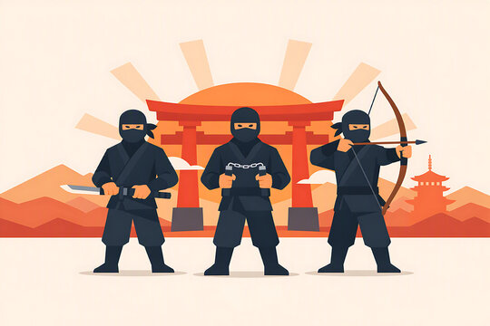 Traditional Japanese Ninjas with Weapons Against Scenic Cultural Landscape Background