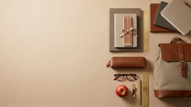 A top view flat lay composition of school supplies on a beige surface serving as a back to school background